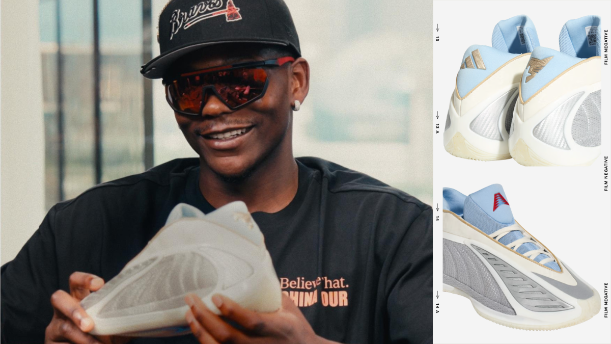 A studio shot of the Adidas AE 2 "Year of the Horse" basketball shoe featuring a Crystal Sky blue inner bootie, metallic silver mesh panels, and a gold horse emblem on the heel.