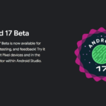 Official Android 17 Beta 1 logo featuring a green stylized planet with topographic lines, encased in a multi-layered jagged pink and purple badge. The text "Android 17" is displayed at the bottom.