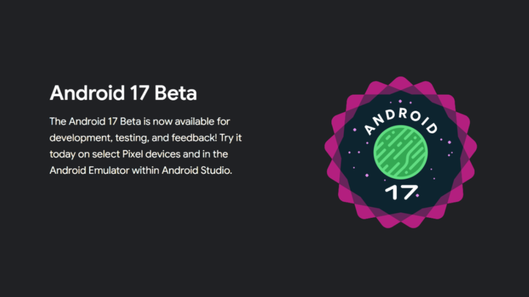 Official Android 17 Beta 1 logo featuring a green stylized planet with topographic lines, encased in a multi-layered jagged pink and purple badge. The text "Android 17" is displayed at the bottom.