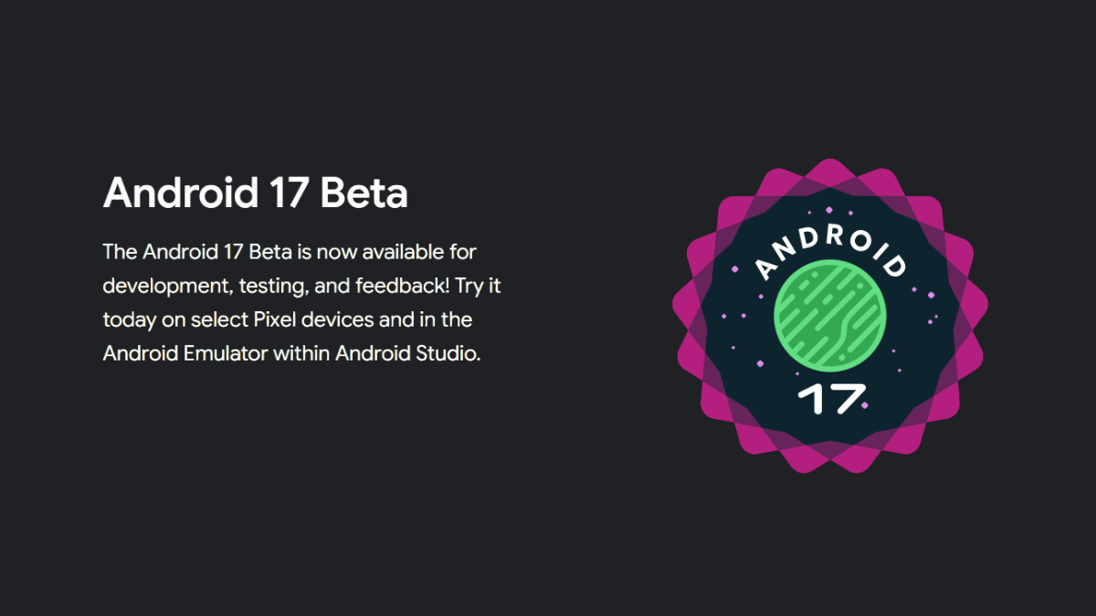 Official Android 17 Beta 1 logo featuring a green stylized planet with topographic lines, encased in a multi-layered jagged pink and purple badge. The text "Android 17" is displayed at the bottom.