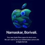 Official Apple Borivali teaser featuring a stylized Apple logo composed of vibrant green and blue peacock feathers against a dark blue background, with the greeting "Namaskar, Borivali" in white text.