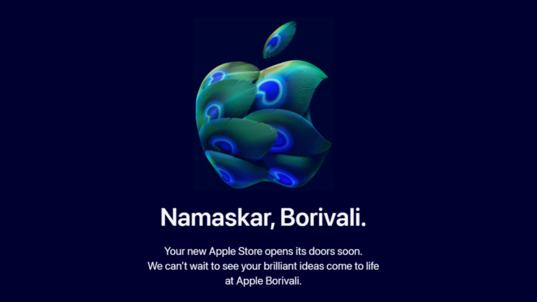 Official Apple Borivali teaser featuring a stylized Apple logo composed of vibrant green and blue peacock feathers against a dark blue background, with the greeting "Namaskar, Borivali" in white text.