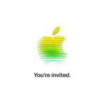 A 3D Apple logo composed of layered, horizontal discs in a gradient of yellow, green, and blue, centered above the text "You're invited." on a white background.