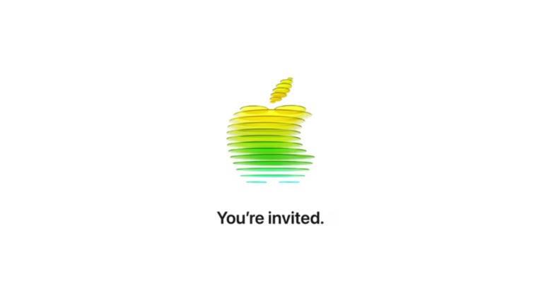 A 3D Apple logo composed of layered, horizontal discs in a gradient of yellow, green, and blue, centered above the text "You're invited." on a white background.
