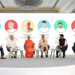 A high-level government panel featuring Union Ministers Nirmala Sitharaman and Ashwini Vaishnaw alongside AP CM Chandrababu Naidu, IT Minister Nara Lokesh, and Google Cloud CEO Thomas Kurian at the "Bharat AI Shakti" event.