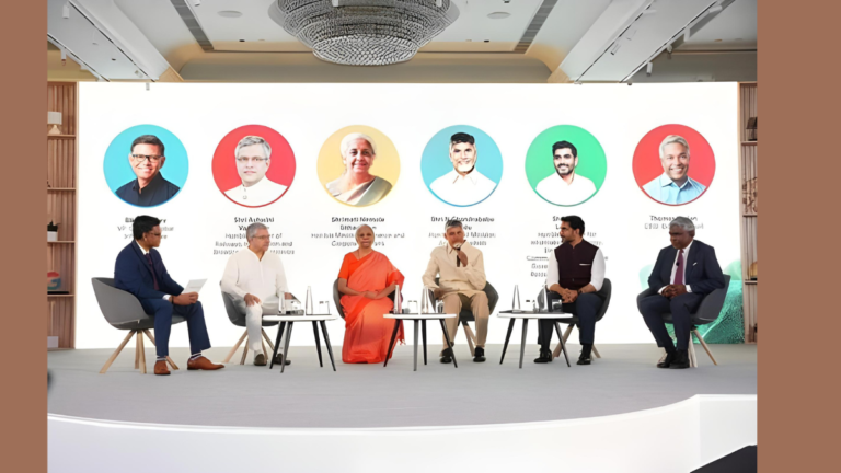 A high-level government panel featuring Union Ministers Nirmala Sitharaman and Ashwini Vaishnaw alongside AP CM Chandrababu Naidu, IT Minister Nara Lokesh, and Google Cloud CEO Thomas Kurian at the "Bharat AI Shakti" event.