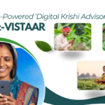 Promotional banner for Bharat-VISTAAR featuring an Indian farmer using a smartphone, cattle, and crops.