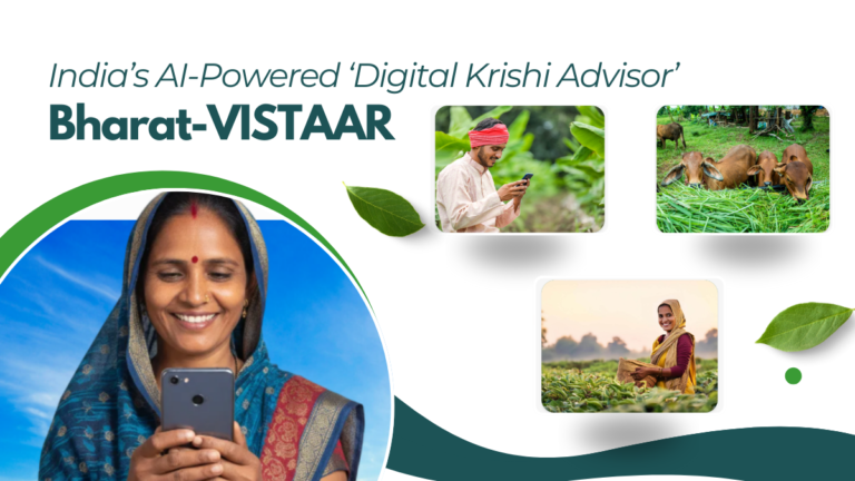 Promotional banner for Bharat-VISTAAR featuring an Indian farmer using a smartphone, cattle, and crops.