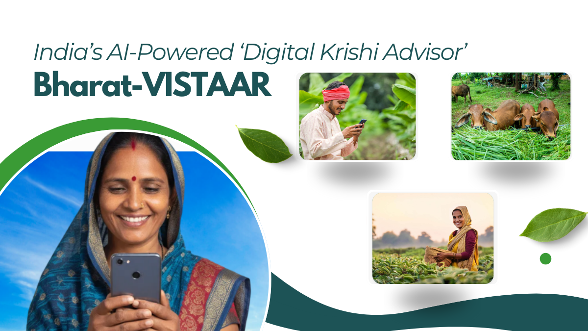 Promotional banner for Bharat-VISTAAR featuring an Indian farmer using a smartphone, cattle, and crops.
