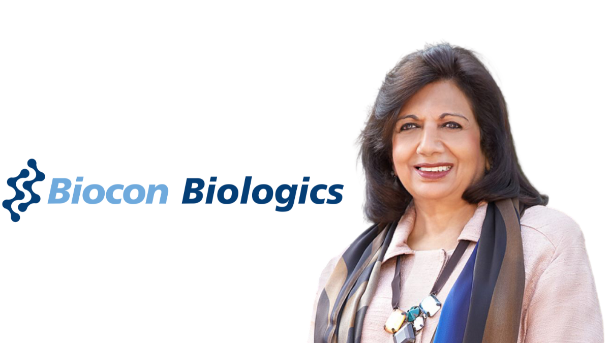 Portrait of Kiran Mazumdar-Shaw next to the Biocon Biologics logo on a white background.