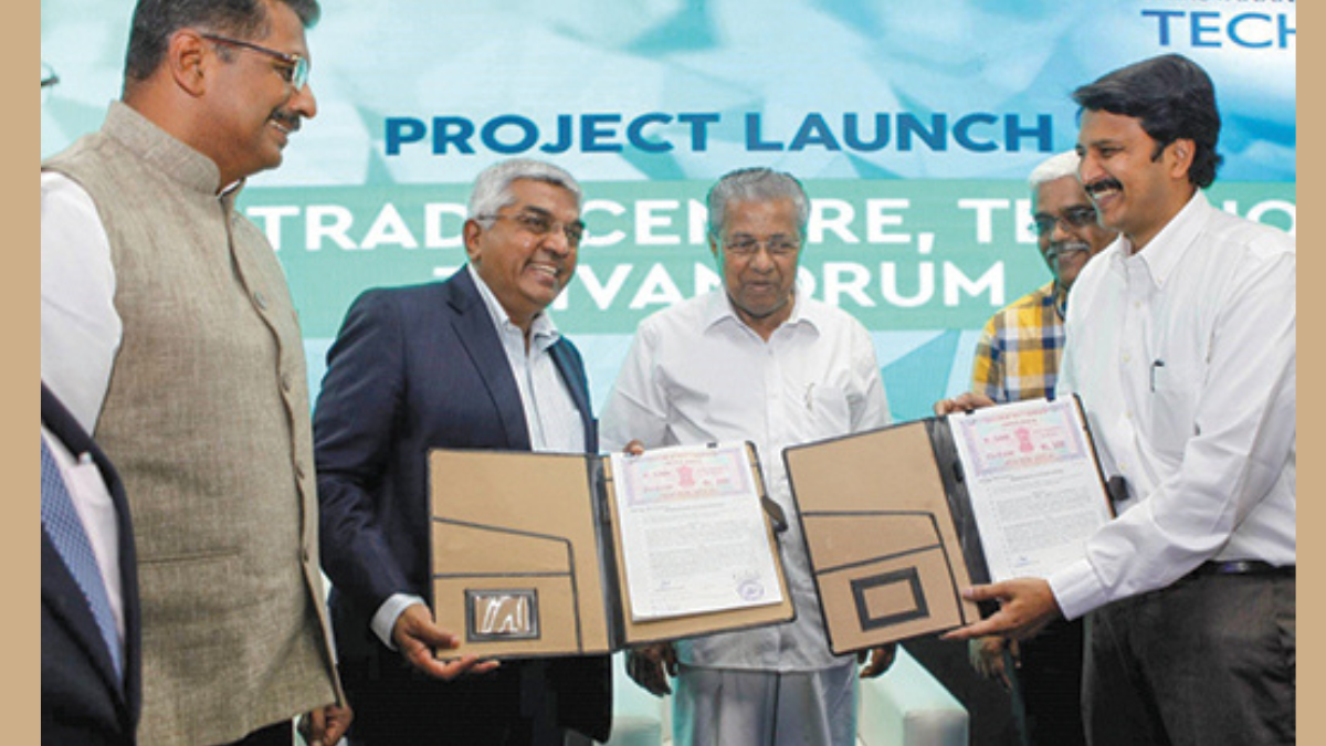 Union Minister Dharmendra Pradhan and M.R. Jaishankar (Executive Chairman, Brigade Enterprises Limited) performing the foundation stone-laying and Bhoomi puja ceremony for the 20-storey World Trade Center at Technopark Phase I, Thiruvananthapuram on February 11, 2026.