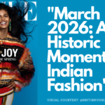 Bhavitha Mandava, a professional Indian model, smiling on the March 2026 cover of British Vogue wearing a colorful textured Chanel jacket against a blue background.