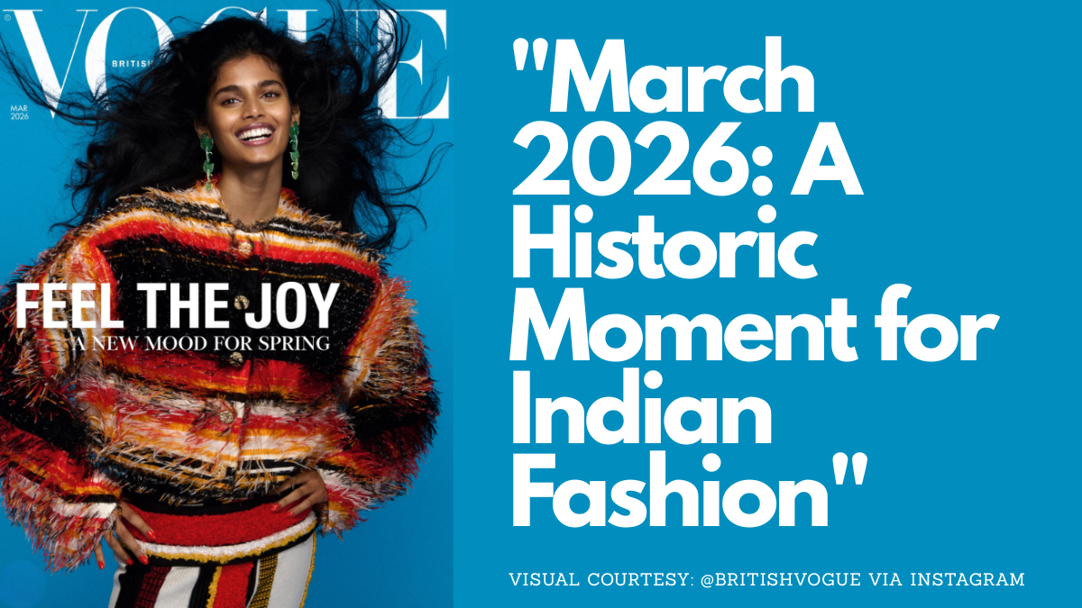 Historic Debut: First Indian Model to Solo Cover British Vogue Hits Newsstands February 24 1 Bhavitha Mandava, a professional Indian model, smiling on the March 2026 cover of British Vogue wearing a colorful textured Chanel jacket against a blue background.