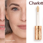 Side-by-side "Beautiful before" and "Flawless after" comparison of a model's face using Charlotte Tilbury Airbrush Flawless Blur Concealer, alongside the product bottle and applicator.