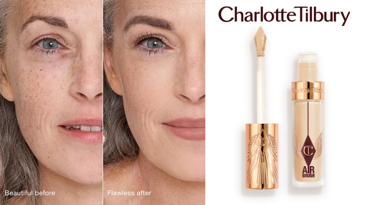 Side-by-side "Beautiful before" and "Flawless after" comparison of a model's face using Charlotte Tilbury Airbrush Flawless Blur Concealer, alongside the product bottle and applicator.