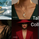 A 2x2 grid showcasing the "Talisman Collection" by DAIMANTÉ, featuring four distinct AI-designed lab-grown diamond pendants: Anima (Starfish), Radiance (Crescent Moon), Vigil (Hamsa Hand), and Charmed (Four-Leaf Clover).