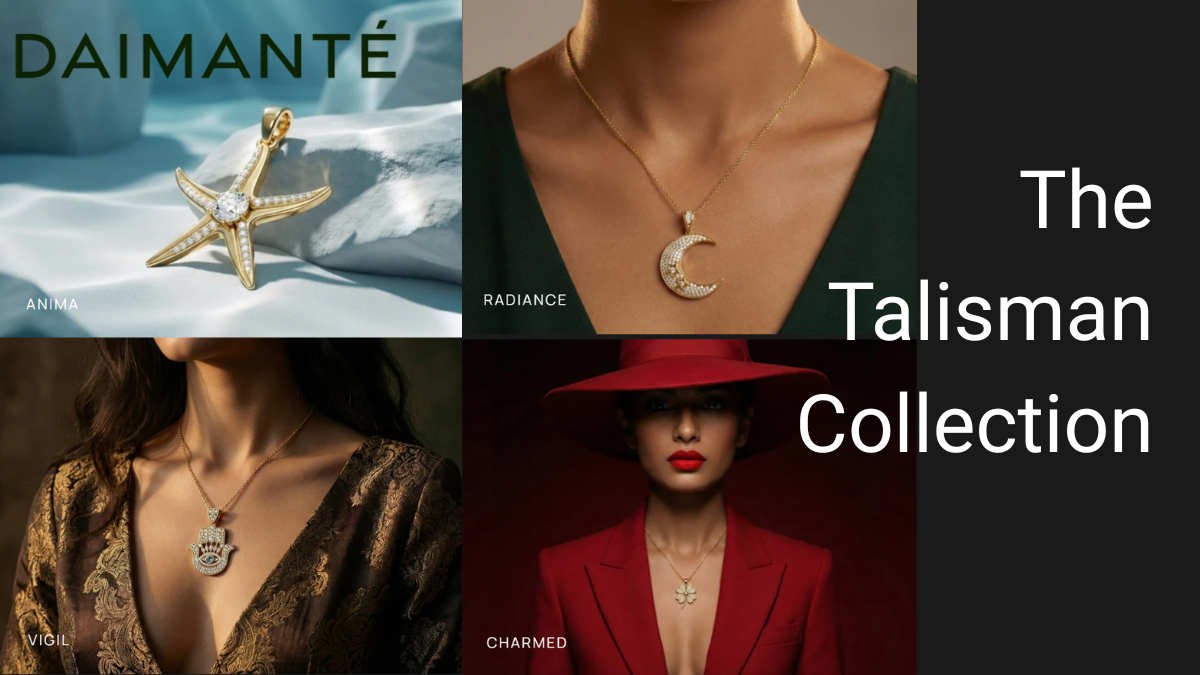 A 2x2 grid showcasing the "Talisman Collection" by DAIMANTÉ, featuring four distinct AI-designed lab-grown diamond pendants: Anima (Starfish), Radiance (Crescent Moon), Vigil (Hamsa Hand), and Charmed (Four-Leaf Clover).