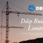 A sunset-lit construction site featuring two large industrial cranes against a hazy sky, with the Dilip Buildcon Limited (DBL) logo and the text "Engineering the Future of Resilient Infrastructure."