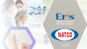 Corporate announcement graphic showing the Eris Lifesciences and Natco Pharma logos alongside medical imagery of vials and...
