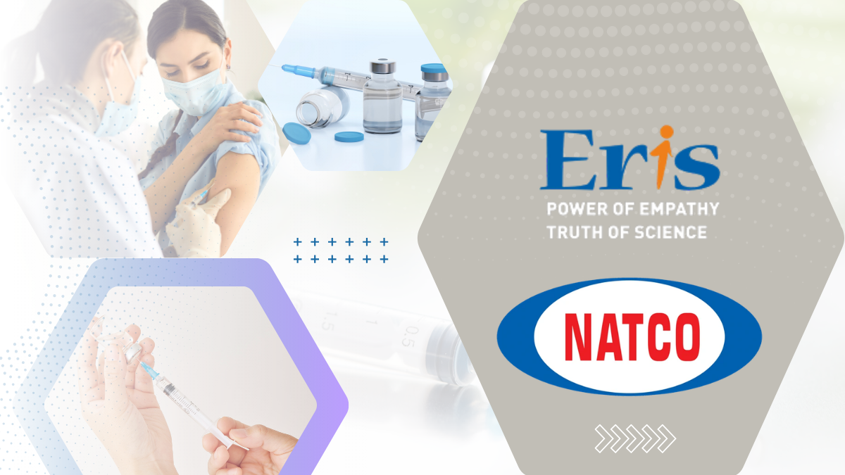 Corporate announcement graphic showing the Eris Lifesciences and Natco Pharma logos alongside medical imagery of vials and syringes, highlighting their partnership to launch generic Semaglutide in India.