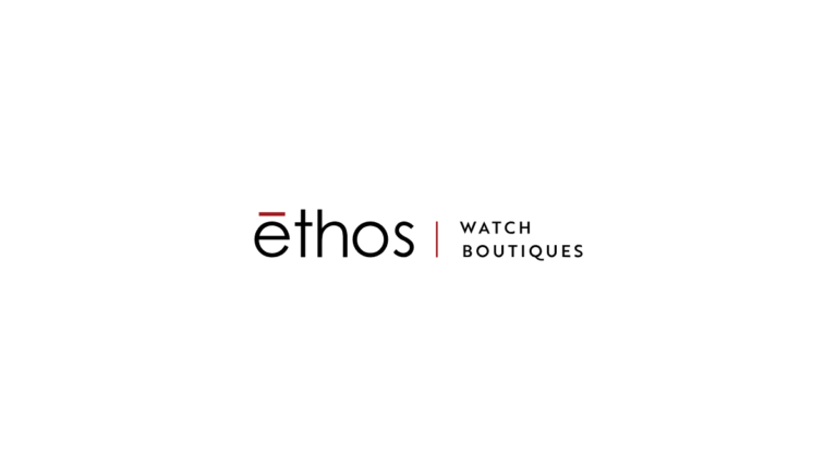 Official logo of Ethos Watch Boutiques featuring the brand name in black lowercase typography with a red bar above the "e," accompanied by the "Watch Boutiques" descriptor in a clean sans-serif font.
