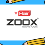 A graphic featuring the red Flair brand logo and the black ZOOX logo with the tagline "Redefine Future" on a white background, bordered by an illustrated pattern of yellow wooden pencils on a light blue frame.