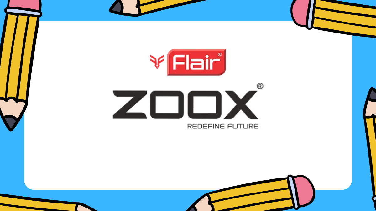 Surat to the World: Flair’s ZOOX Range Challenges Global Stationery Giants 1 A graphic featuring the red Flair brand logo and the black ZOOX logo with the tagline "Redefine Future" on a white background, bordered by an illustrated pattern of yellow wooden pencils on a light blue frame.