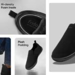 A collage showing the technical features of the Frido slip-on shoe, including the pull tab, hi-density foam insole, non-slip sole, and plush padding.