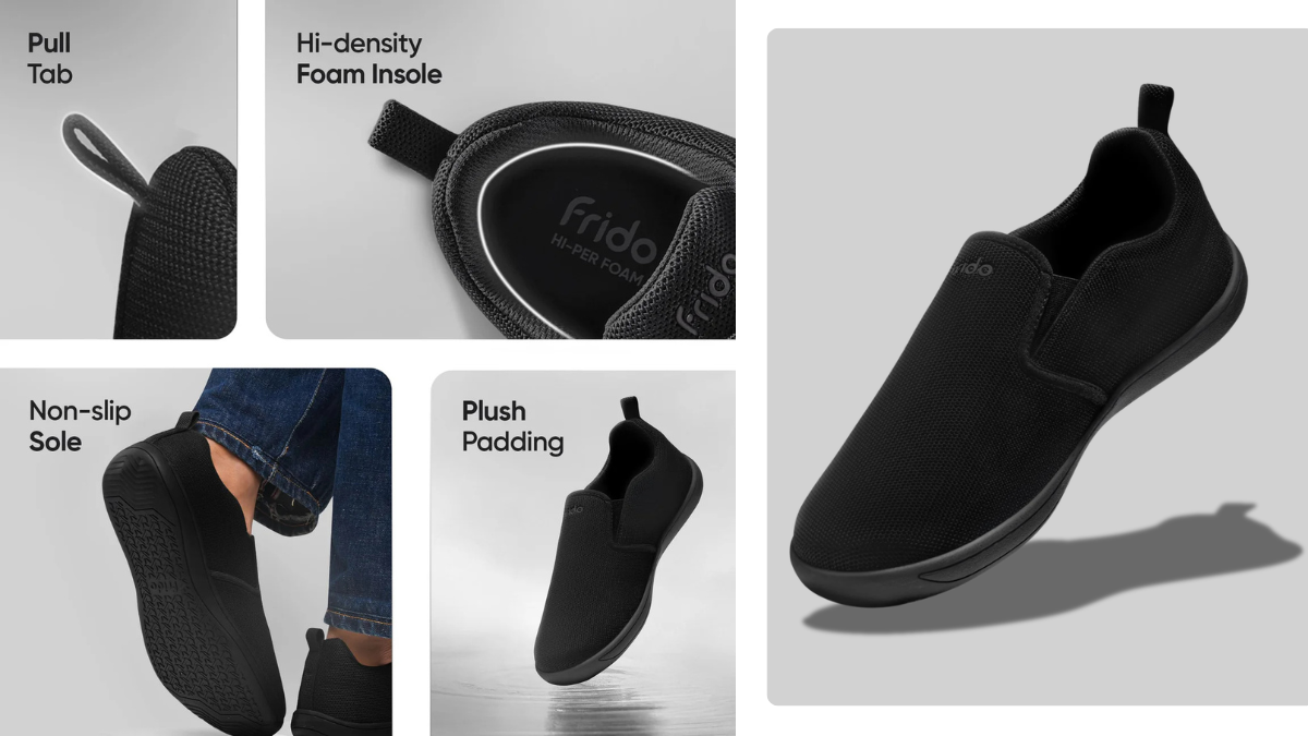 A collage showing the technical features of the Frido slip-on shoe, including the pull tab, hi-density foam insole, non-slip sole, and plush padding.