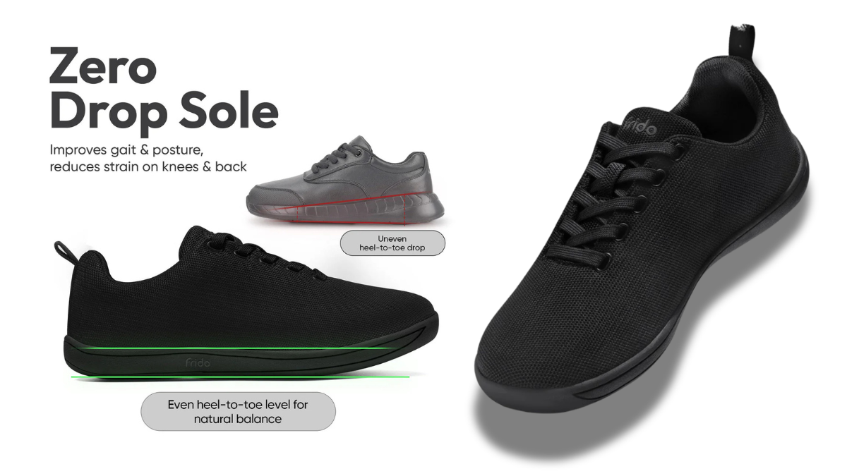 A comparative diagram illustrating the Frido Zero Drop Sole versus traditional uneven heel-to-toe drop shoes.