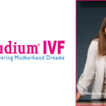 Portrait of Dr. Manika Khanna, founder of Gaudium IVF Centre, alongside the official company logo featuring the tagline "Delivering Motherhood Dreams."