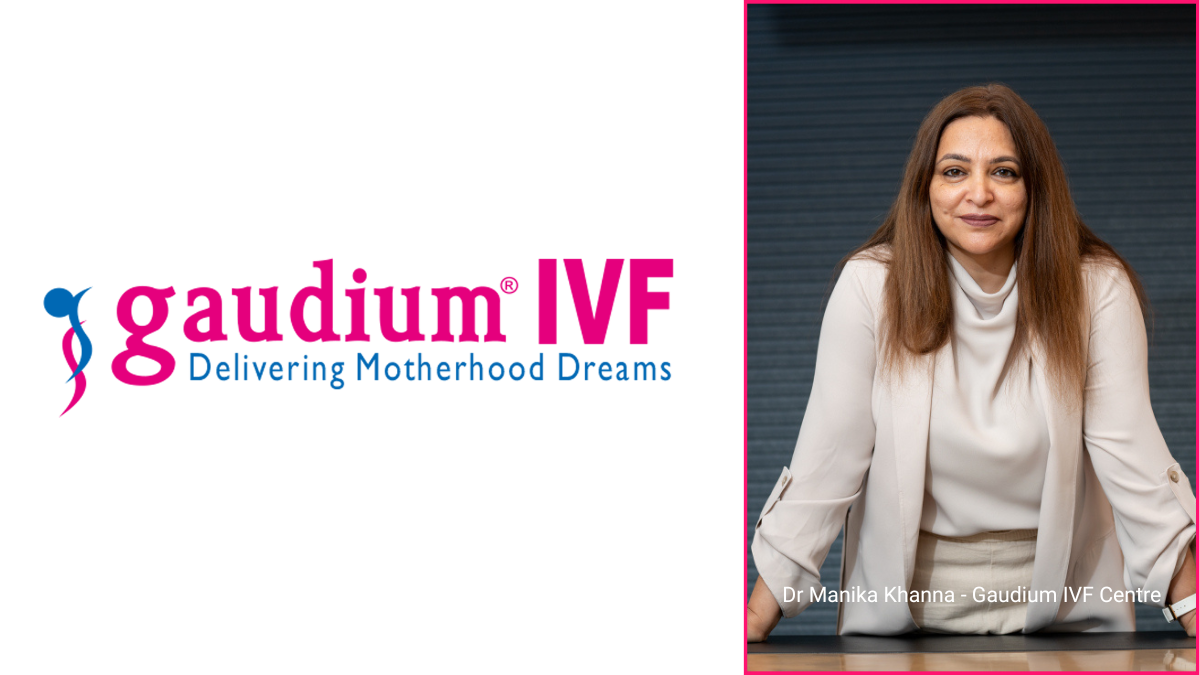 Portrait of Dr. Manika Khanna, founder of Gaudium IVF Centre, alongside the official company logo featuring the tagline "Delivering Motherhood Dreams."