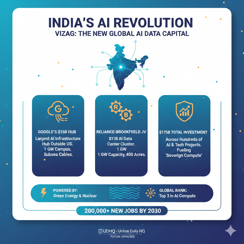 A professional infographic titled "India's AI Revolution: Vizag - The New Global AI Data Capital" highlighting major 2026 investments from Google ($15B), Reliance-Brookfield ($11B), and a total of $175B in tech deals.