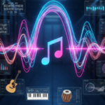 A technical visualization of music generation in Gemini showing glowing pink and blue sound waves in a server room environment, featuring a musical note icon and UI elements for audio tracks, keyboards, guitars, and Indian tabla drums.