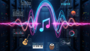 A technical visualization of music generation in Gemini showing glowing pink and blue sound waves in a server room environ...