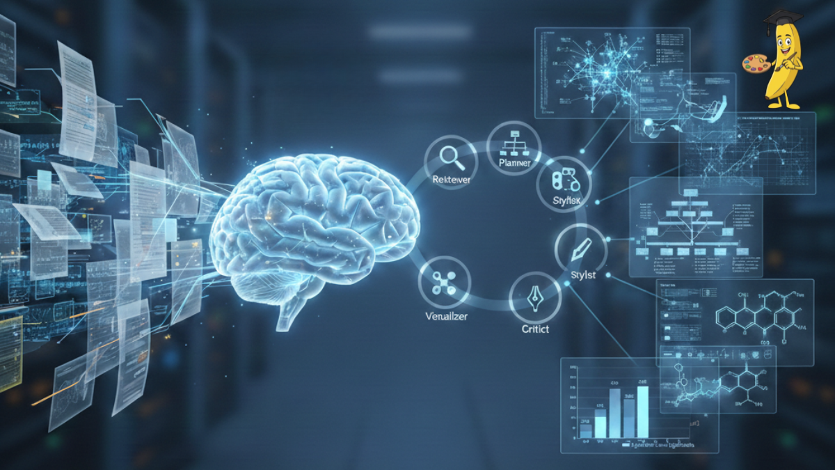 Technical diagram of Google’s Paper Banana framework showing a digital brain linked to five specialized agents, Retriever, Planner, Stylist, Visualizer, and Critic-automating the creation of research diagrams and charts.