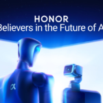 A futuristic promotional graphic from Honor Global featuring a humanoid robot silhouette and a smartphone with a motorized robotic-arm gimbal camera against a glowing foldable screen background.