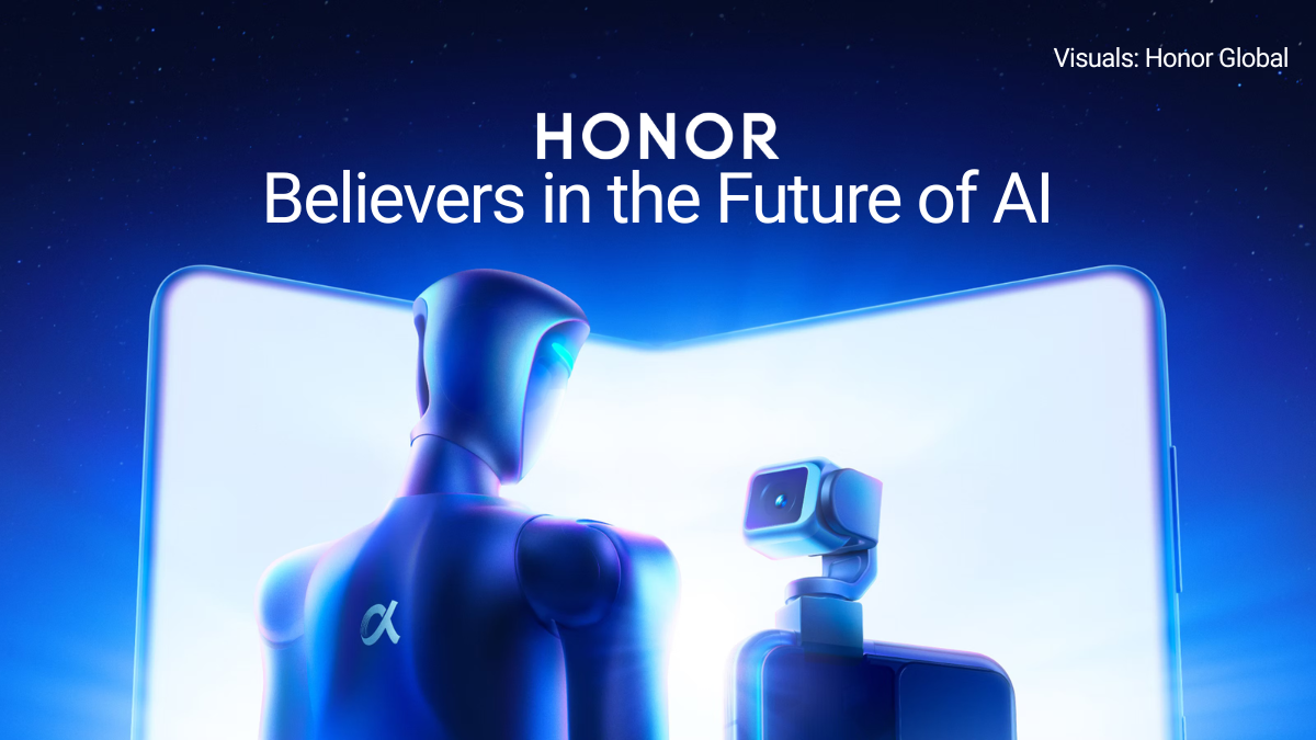 A futuristic promotional graphic from Honor Global featuring a humanoid robot silhouette and a smartphone with a motorized robotic-arm gimbal camera against a glowing foldable screen background.