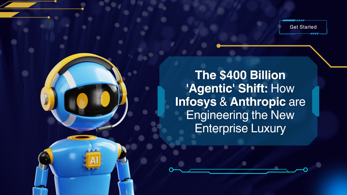 A futuristic blue and yellow AI robot with a headset and "AI" chest plate, positioned next to text reading "The $400 Billion 'Agentic' Shift: How Infosys & Anthropic are Engineering the New Enterprise Luxury."