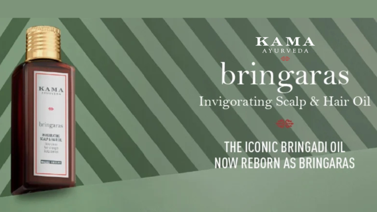The Kama Ayurveda Bringaras Rebirth: 2026’s Foremost Scientific Evolution in Scalp Health 3 A bottle of Kama Ayurveda Bringaras Invigorating Scalp and Hair Oil showcased against a green striped background, highlighting the rebranding from the iconic Bringadi Oil.