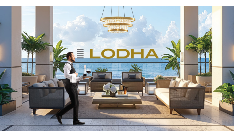 The New Urban Monopoly: Strategic Consolidation and the Scarcity of Central Mumbai Land 1 A luxurious open-air balcony lounge overlooking the ocean, featuring a professional butler serving drinks, high-end contemporary furniture, a gold chandelier, and the Lodha brand logo.