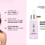 Alia Bhatt applying the L’Oréal Paris Glycolic-Bright Dark Spot Brightening Serum powered by Melasyl technology, featuring text highlighting its effectiveness on all Indian skin types and weather conditions.
