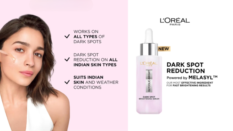 Why L’Oréal Paris Melasyl Is 2026’s Definitive Standard for Scientific Skincare 2 Alia Bhatt applying the L’Oréal Paris Glycolic-Bright Dark Spot Brightening Serum powered by Melasyl technology, featuring text highlighting its effectiveness on all Indian skin types and weather conditions.