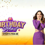 Promotional banner for the Myntra Birthday Blast sale starting February 28, featuring Bollywood actors Kiara Advani and Ranbir Kapoor next to colorful balloons.