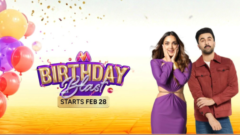 Promotional banner for the Myntra Birthday Blast sale starting February 28, featuring Bollywood actors Kiara Advani and Ranbir Kapoor next to colorful balloons.