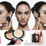 A high-fashion beauty campaign montage for NARS Cosmetics featuring a model with sleek hair showing flawless skin artistry alongside various cult-favorite products including the Radiant Creamy Concealer, Orgasm Blush, and Light Reflecting Foundation.