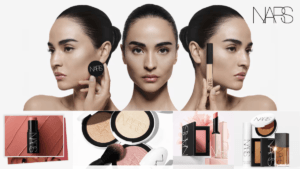 A high-fashion beauty campaign montage for NARS Cosmetics featuring a model with sleek hair showing flawless skin artistry...