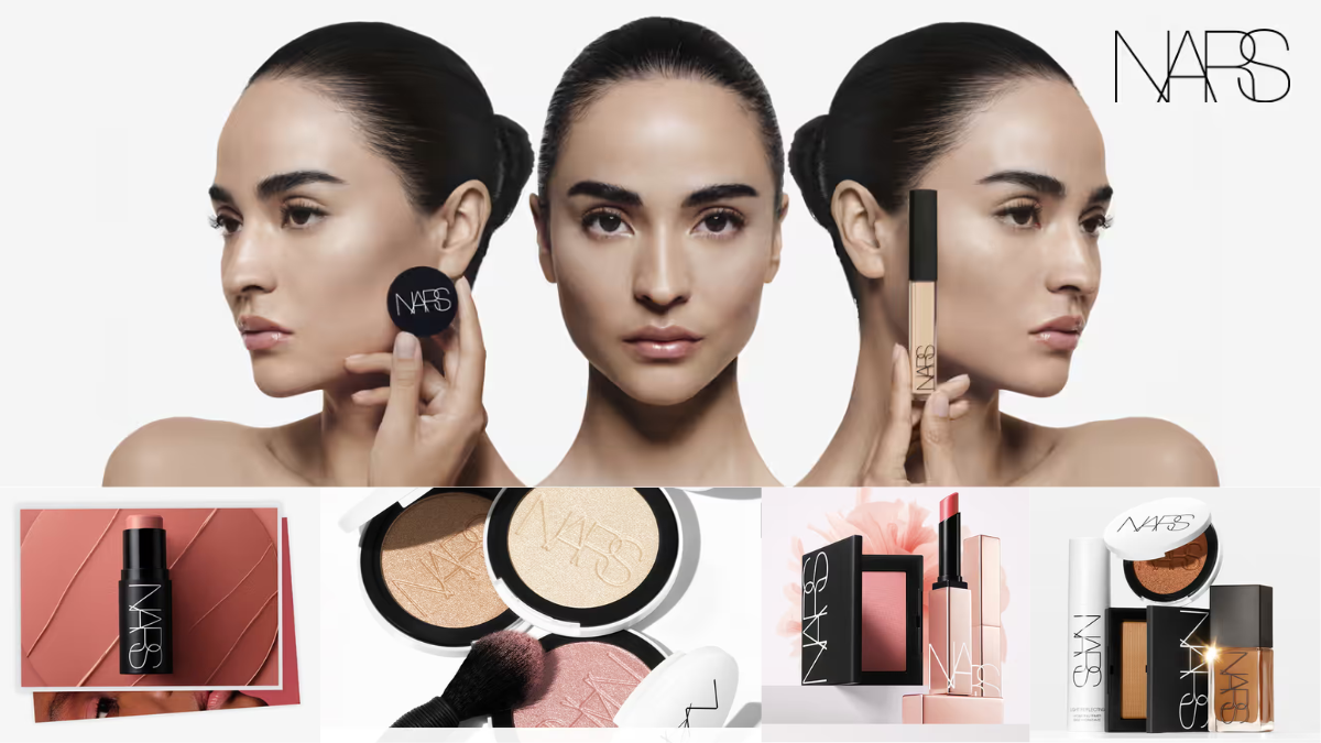 A high-fashion beauty campaign montage for NARS Cosmetics featuring a model with sleek hair showing flawless skin artistry alongside various cult-favorite products including the Radiant Creamy Concealer, Orgasm Blush, and Light Reflecting Foundation.