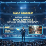 A wide-angle shot of a large theater audience watching a stage presentation by Google for "Nano Banana 2," featuring AI image generation capabilities.