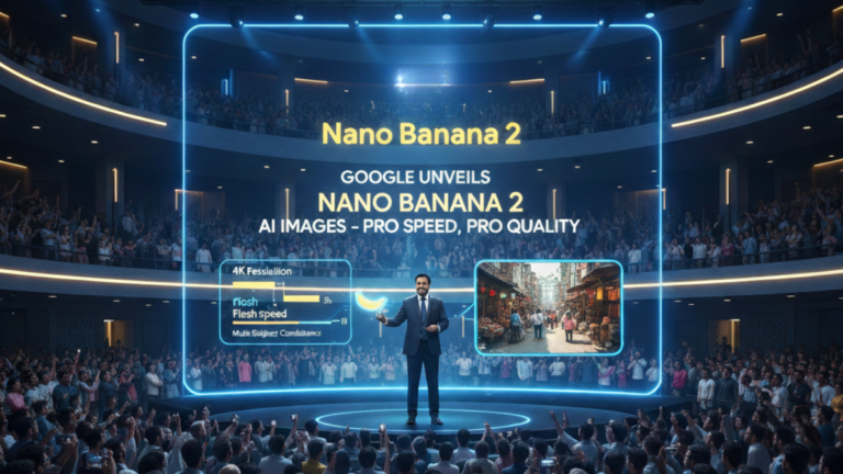 A wide-angle shot of a large theater audience watching a stage presentation by Google for "Nano Banana 2," featuring AI image generation capabilities.